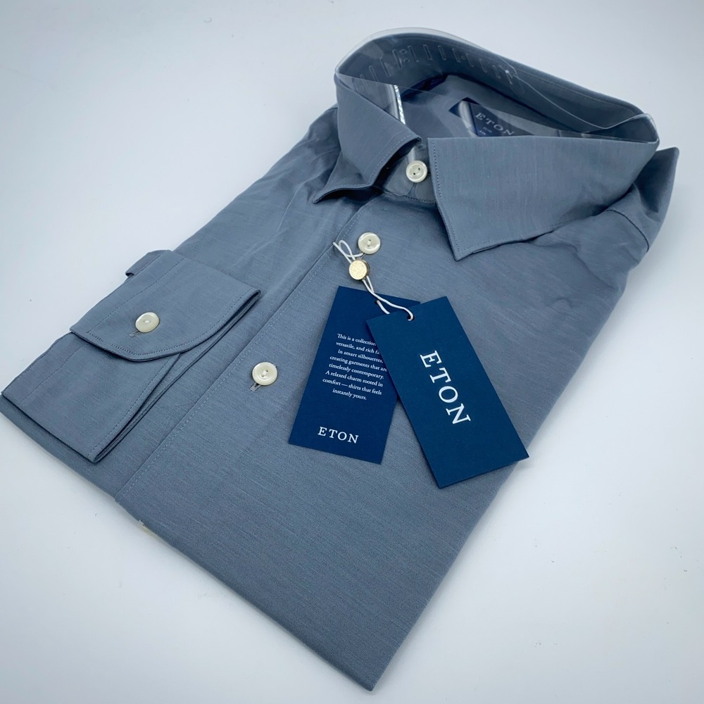 Eton Dress Shirt Mens 2XL Gray Long Sleeve Slim Fit‎ Jersey Cotton Button Up